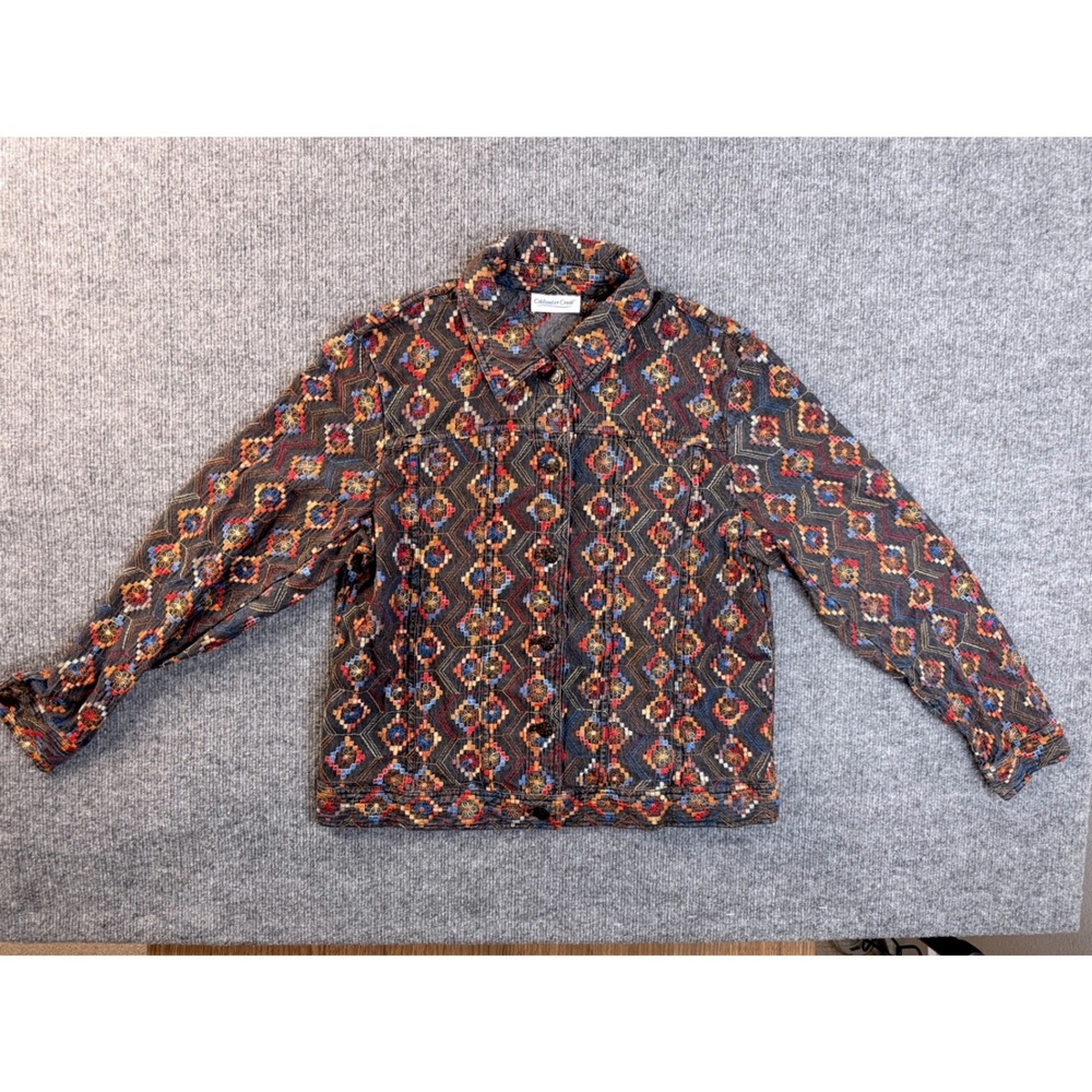 Coldwater Creek Womens M Grey Embroidered Southwestern Trucker Jacket Boho Y2K